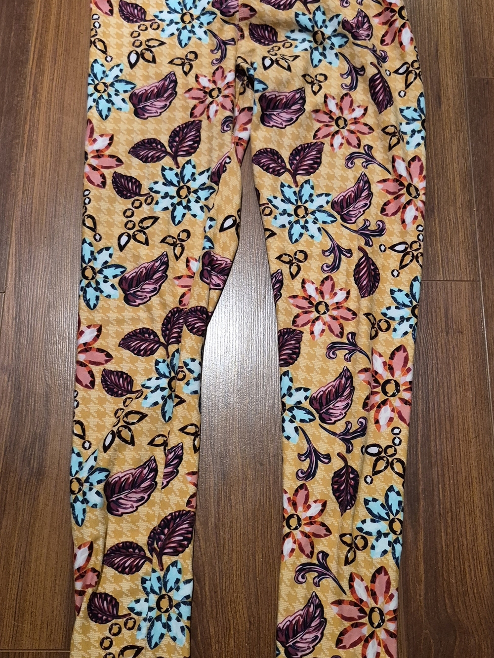 LuLaRoe Mustard Yellow Floral Kids Leggings with Blue and Purple Accents